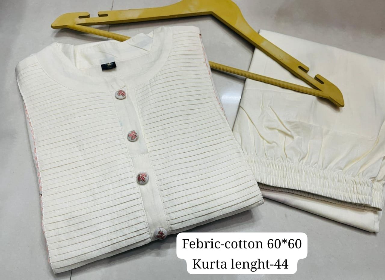White  Kurti Pant Set with Embroidery & Pintex Detailing
